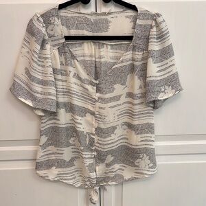 Lush Black and Beige Flutter Sleeve Blouse with Tie Front size M.